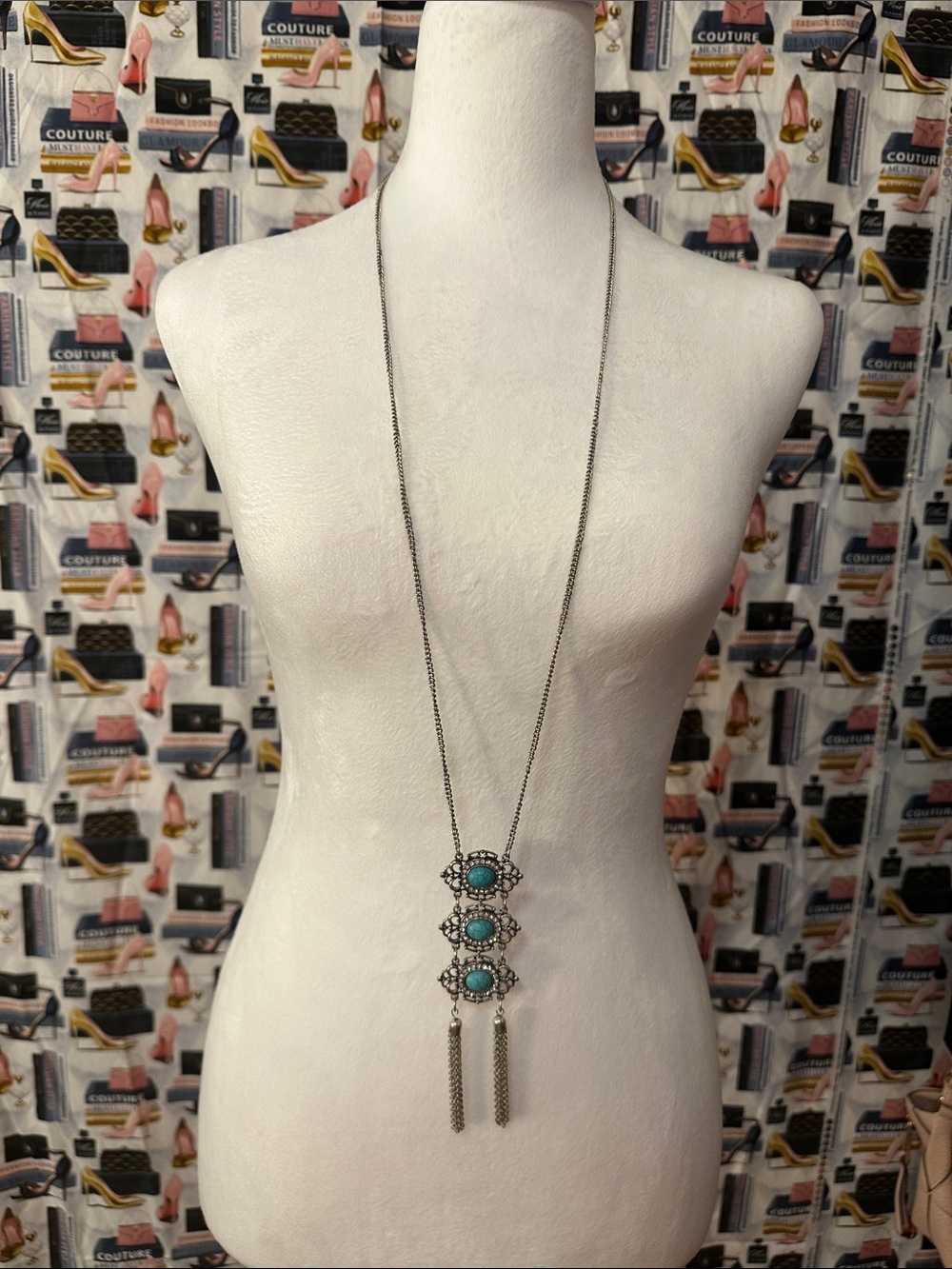 Long Silver Necklace with Turquoise Accents